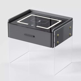 Noptieră inteligentă cu &icirc;ncărcare wireless, iluminare LED, 1 sertar de depozitare &ndash; gri antracit, design modern din sticlă și lemn
