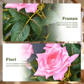 Outsunny Plantă Artificială de Trandafiri cu 21 de Flori, Ghiveci Umplut cu Ciment și Mușchi, Ø18x90 cm, Roz | Aosom Romania