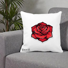 Perna Decorativa Trandafir Rosu Tattoo, 40x40 cm, Alba Mata, Husa Detasabila, Perna Inclusa, BEKZ®