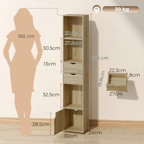 HOMCOM Bibliotecă Îngustă cu 6 Rafturi, Sertare, Ușă și Polițe Deschise, 30x24x158 cm, Stejar | Aosom Romania