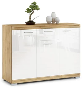 Mazzoni Comodă lată SIMPLE KD3SZ1 Stejar Craft Auriu/Alb Luciu - DULAP CU RAFTURI PENTRU LIVING