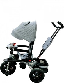 Tricicleta cu copertina NOVOKIDS Super Trike, Cu melodii si lumini, Roti din cauciuc, Pozitie somn, Scaun reversibil cu rotatie 360 grade, Gri Jeans