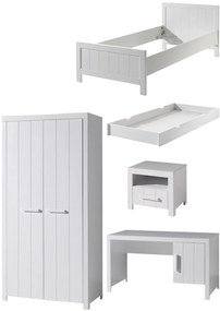 Set Mobilier Cameră Copii ERIK: Pat 90x200 cm, Dulap 2 Uși, Birou, Noptieră și Sertar, Alb – Vipack