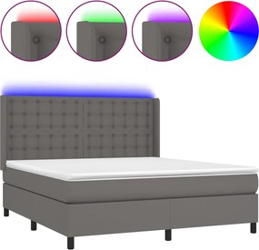 vidaXL Pat cu arcuri, saltea și LED, gri, 180x200 cm, piele ecologică