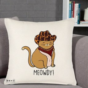Perna Decorativa Pisica Cowboy Meowdy, 40x40 cm, Crem Reliefat, Husa Detasabila, Perna Inclusa, BEKZ®