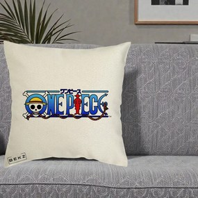 Perna Personalizata One Piece Clasic Albastru, 40x40 cm, Ecru, Husa Detasabila, Perna Inclusa, BEKZ®