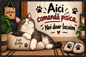 Covoraș de intrare, antiderapant, model Aici comandă pisica, 50x70 cm, CIN106