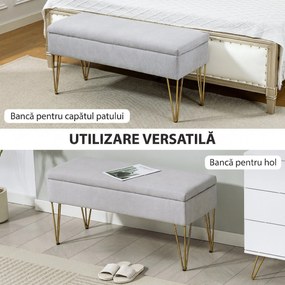 HOMCOM Bancă cu Depozitare din Material Textil și Picioare din Oțel, 100x40x49 cm, Gri Deschis | Aosom Romania