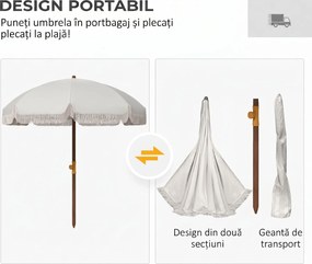 Outsunny Umbrelă de Plajă Portabilă cu Volane în Aer Liber cu Baldachin Ventilat, Geantă de Transport, Ø1.9x2.1 m, Alb-Crem