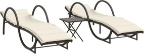 vidaXL Șezlonguri de plajă cu masă, 2 buc., maro, poliratan