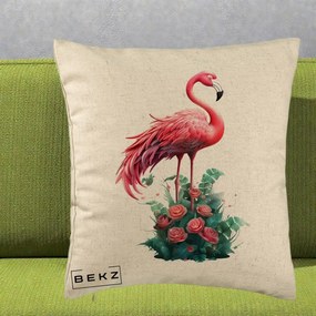 Perna Decorativa Flamingo cu Trandafiri Tropicali, 40x40 cm, Bej, Husa Detasabila, Perna Inclusa, BEKZ®