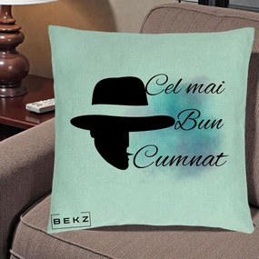 Cadou pentru Cumnat - Perna Personalizata Cel mai Bun Cumnat cu Silueta Palarie si Pete Teal-Roz, 40x40 cm, Verde Menta, Husa Detasabila, Perna Inclusa, BEKZ®