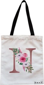 Sacosa de Panza pentru Cumparaturi, Geanta Tote, Cu litera N Rose Gold si Trandafiri, Cu fermoar, 38x34.5 cm, Alba, BEKZ®