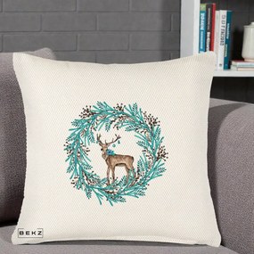 Perna Decorativa Coroana Turcoaz cu Ren, 40x40 cm, Crem Reliefat, Husa Detasabila, Perna Inclusa, BEKZ®