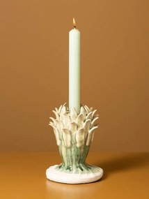 Sfeșnic din ceramică artizanală sculptat în formă de anghinare, natur-verde, finisaj patinat, 14,5×11 cm, „Nuance"