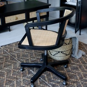 Scaun de birou, din lemn de mesteacan si rattan, negru, cu aspect vintage, Old French