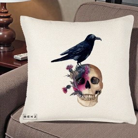 Perna Decorativa Craniu cu Corb si Flori Gothic, 40x40 cm, Crem Reliefat, Husa Detasabila, Perna Inclusa, BEKZ®