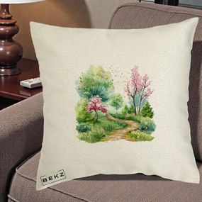 Perna Decorativa Gradina Primavara Acuarela, 40x40 cm, Ecru, Husa Detasabila, Perna Inclusa, BEKZ®