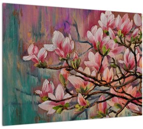 Tablou pe sticlă - Pictură în ulei, Sakura în floare (70x50 cm)
