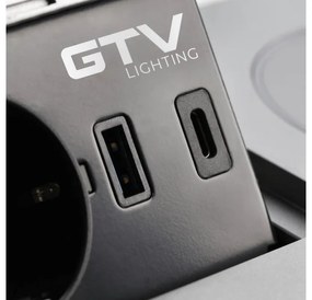 Priza incorporabila dreptunghiulara, 1 priza schuko, 2 USB A, cablu 1.5 m, aluminiu, incarcare wireless, GTV