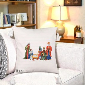 Perna Decorativa Nasterea Domnului Cei Trei Magi Acuarela, 40x40 cm, Bej cu Franjuri, Husa Detasabila, Perna Inclusa, BEKZ®