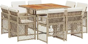 vidaXL Set de masă pentru grădină, 9 piese, cu perne, bej, poliratan
