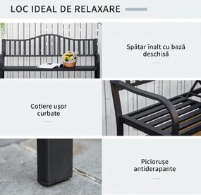 Bancă de Grădină Outsunny din Metal cu Măsuță Centrală Retractabilă, Bancă Loveseat pentru Terasă cu Șezut și Spătar cu Șipci, pentru 2–3 Persoane, Neagră | Aosom Romania
