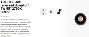 Spot LED incastrabil TULIPA Black recessed downlight 7W 55° 2700K CRI90