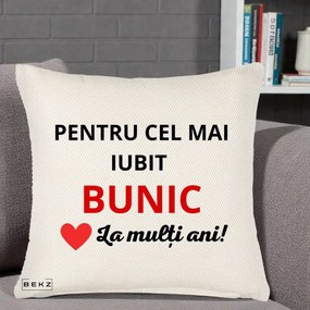 Cadou pentru Bunic - Perna Personalizata Pentru Cel Mai Iubit Bunic La Multi Ani Rosu, 40x40 cm, Crem Reliefat, Husa Detasabila, Perna Inclusa, BEKZ®