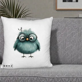 Perna Decorativa Pui Teal cu Ochelari Rotunzi, 40x40 cm, Alb Pufos, Husa Detasabila, Perna Inclusa, BEKZ®