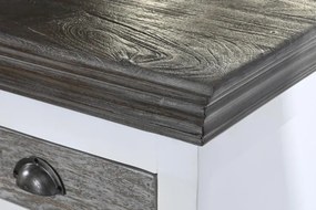 Bufet alb în stil shabby chic, din lemn de mango, cu 2 uși vitrate glisante, 4 sertare și blat gri închis, 105,4 x 165 x 45,7 cm, „Serena”