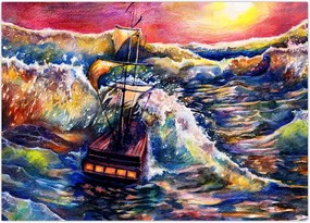 Tablou - Navă pe valurile oceanului, aquarelă (70x50 cm)