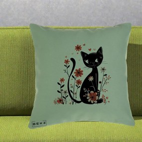 Perna Decorativa Pisica Neagra Flori Roz si Inimi, 40x40 cm, Verde, Husa Detasabila, Perna Inclusa, BEKZ®