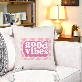Perna Decorativa Good Vibes Retro Roz, 40x40 cm, Bej cu Franjuri, Husa Detasabila, Perna Inclusa, BEKZ®