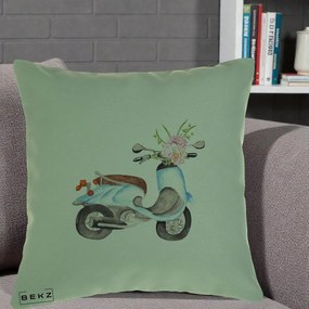 Perna Decorativa Scuter Albastru cu Flori Acuarela, 40x40 cm, Verde, Husa Detasabila, Perna Inclusa, BEKZ®