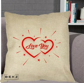 Cadou Romantic - Perna Personalizata Love You Doua Inimi, 40x40 cm, Crem, Husa Detasabila, Perna Inclusa, BEKZ®