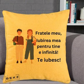 Cadou pentru Frate - Perna Personalizata Fratele Meu Te Iubesc Elevi Ilustratie Colorata, 40x40 cm, Galben, Husa Detasabila, Perna Inclusa, BEKZ®