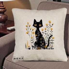 Perna Decorativa Pisica Neagra Ochi Galbeni Flori Galbene, 40x40 cm, Bej Canapea, Husa Detasabila, Perna Inclusa, BEKZ®