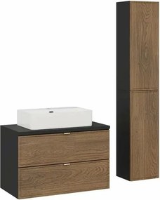 Set dulap baza suspendat 80 cm cu blat, lavoar si dulap coloana Comad Talia negru mat si stejar Casella
