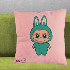 Perna Personalizata Labubu Turcoaz, 40x40 cm, Roz, Husa Detasabila, Perna Inclusa, BEKZ®