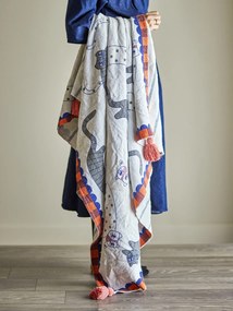 Pătură din bumbac reciclat, multicolor, cu motiv de pisică imprimat și dungi pe verso, cu ciucuri în colțuri, 160x130 cm, „Missy"