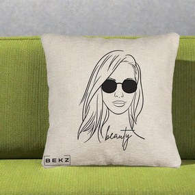 Perna Decorativa Beauty Girl Line Art, 40x40 cm, Bej Canapea, Husa Detasabila, Perna Inclusa, BEKZ®