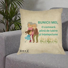 Cadou pentru Bunici - Perna Personalizata Bunicii Mei Comoara Iubire Intelepciune Nepoata, 40x40 cm, Crem, Husa Detasabila, Perna Inclusa, BEKZ®