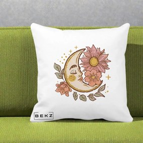 Perna Personalizata Luna Boho Chip Floral, 40x40 cm, Alba Mata, Husa Detasabila, Perna Inclusa, BEKZ®