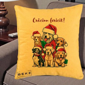 Perna Decorativa Caini cu Bonete Craciun Fericit, 40x40 cm, Galben, Husa Detasabila, Perna Inclusa, BEKZ®