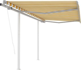 vidaXL Copertină retractabilă automat cu stâlpi, galben/alb, 3x2,5 m
