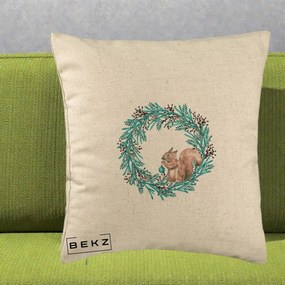 Perna Decorativa Coroana Turcoaz cu Veverita, 40x40 cm, Bej, Husa Detasabila, Perna Inclusa, BEKZ®
