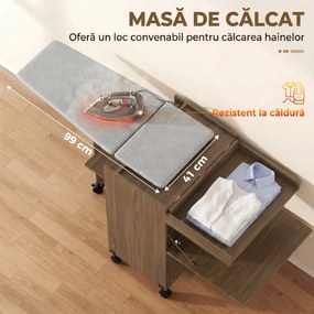 HOMCOM Dulap Masă de Călcat Pliabil cu Roți și Suport pentru Fier de Călcat, Dulap Multifuncțional cu Rafturi, Compartiment Deschis, pentru Spălătorie, Baie, 154x55x87 cm, Maro | Aosom Romania