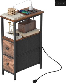 HOMCOM Masă laterală/masă de cafea cu stație de încărcare, cadru din oțel, 2 sertare textile, compartiment deschis, 20cm x 40cm x 63cm, Maro rustic | Aosom Romania