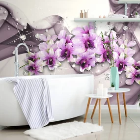 Tapet autoadeziv flori violete pe fundal abstract